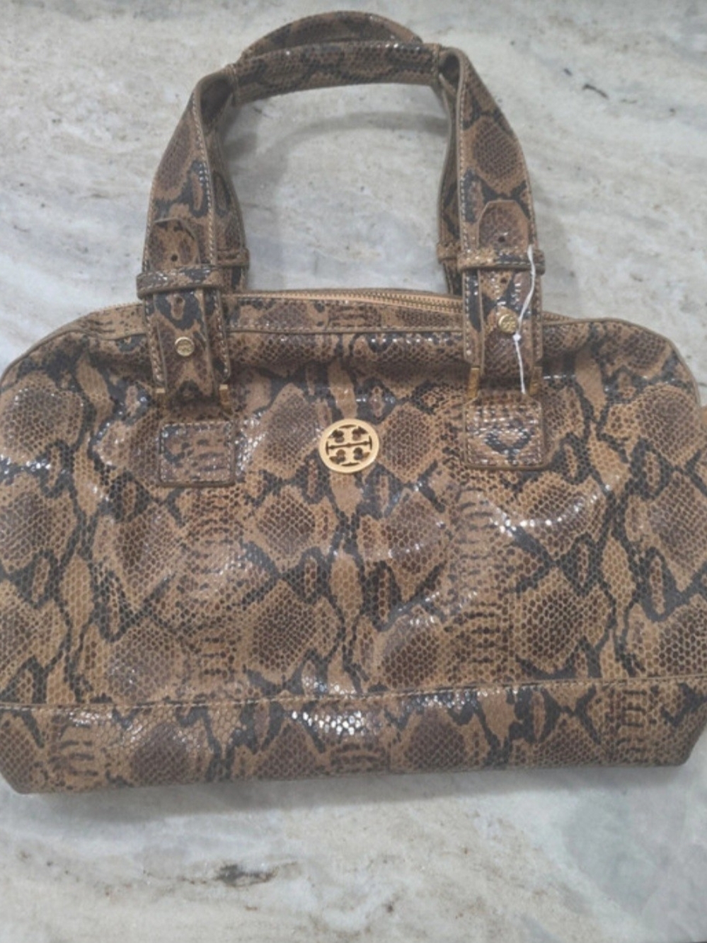 Tory Burch Brown Snake-Print Patent Leather Satchel
